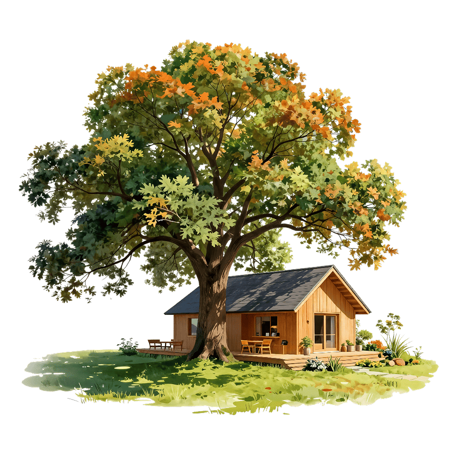 Деревянный дом под большим зеленым дубом